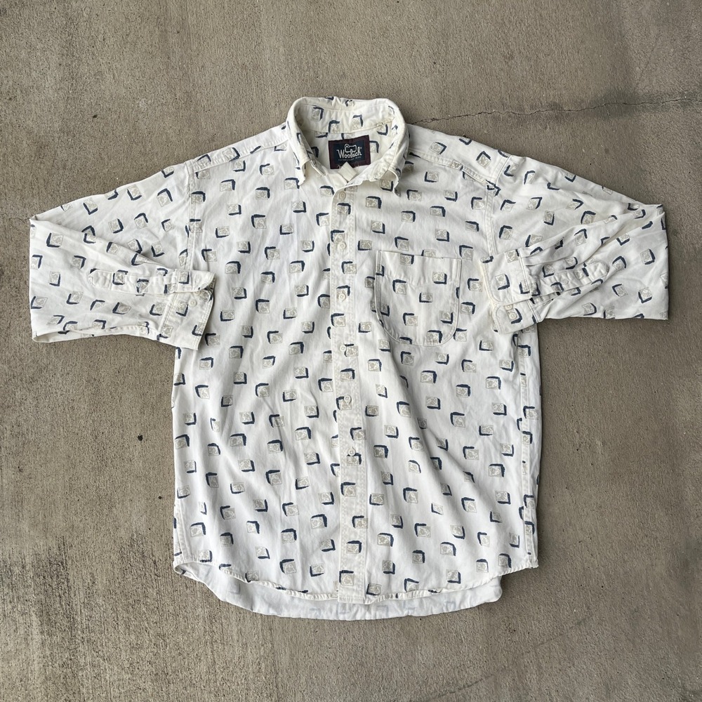 VTG 90s Woolrich‎ Mens White Graphic Print Long Sleeve Button Up Shirt